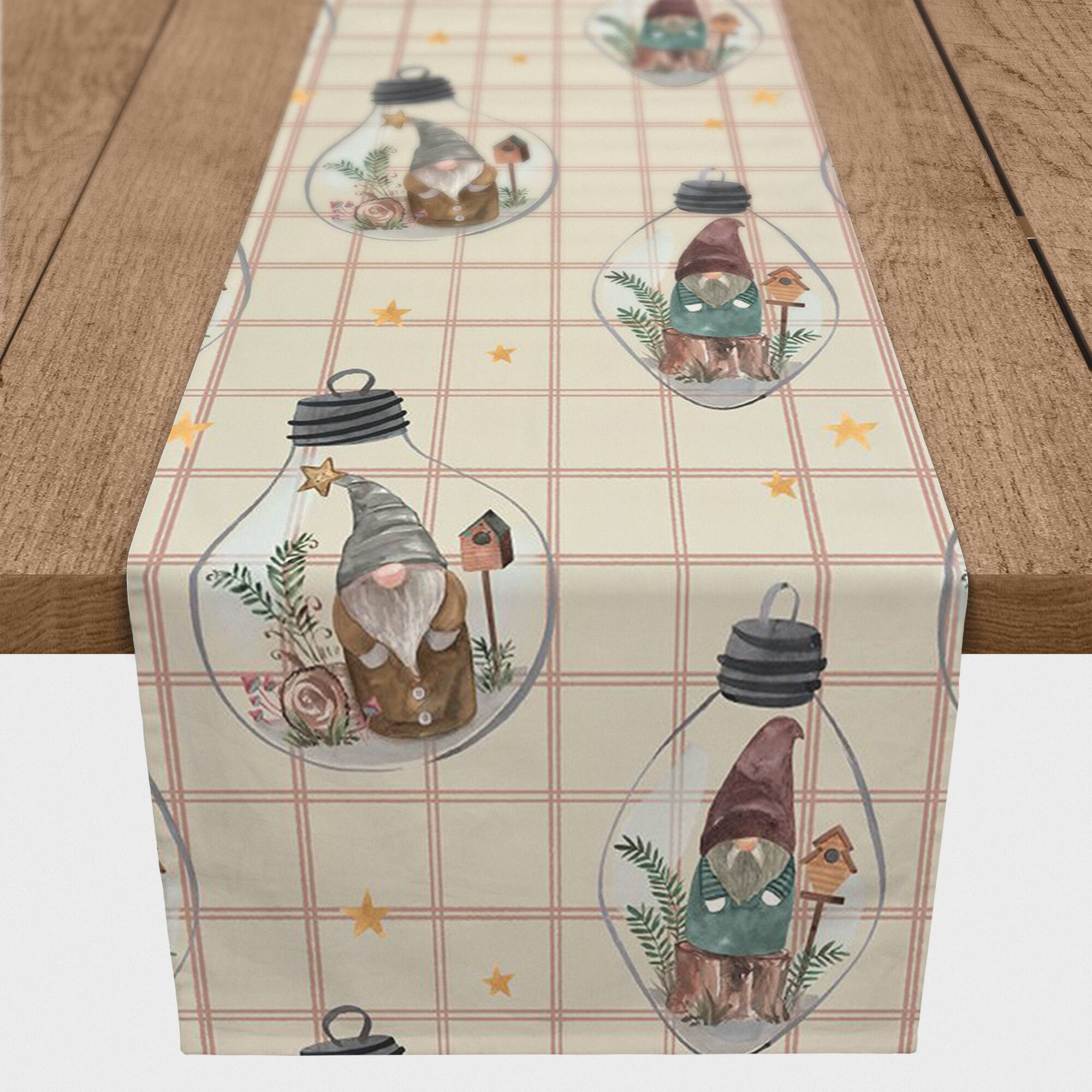 72" Cream & Red Check Gnome Globe Pattern Cotton Twill Runner